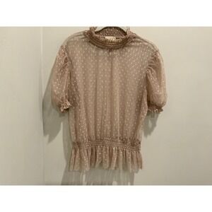 Willow Contemporary Sheer Mesh Polka Dot Smocked Peplum Blouse Mauve Pink Womens